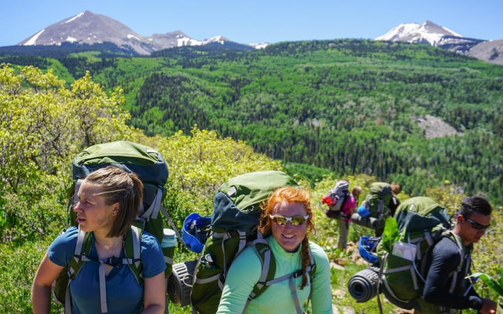 A group of people wearing backpacks stand above a vast green landscape, There are snow-capped mountains in the background. 